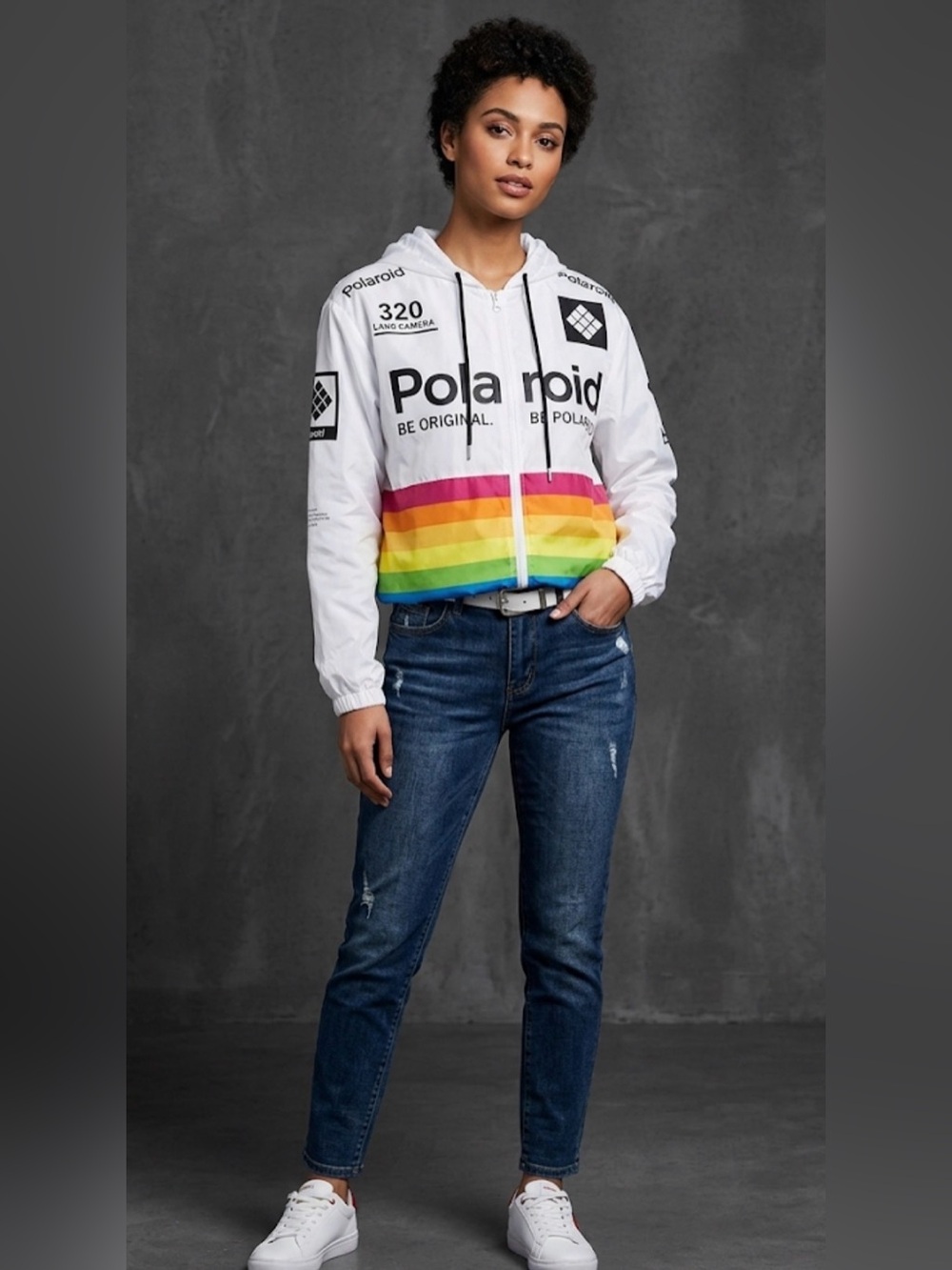 Polaroid White Hooded Bomber Jacket with Rainbow Stripe
